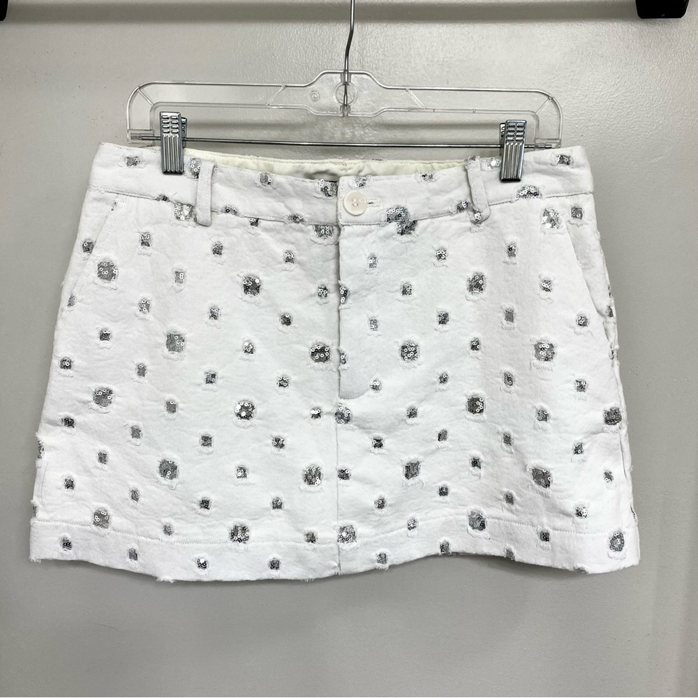 Zara White Denim Mini Skirt with Silver Sequin Bling Lined Size large NWT